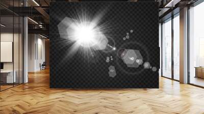 Special lens flash, light effect. The flash flashes rays and searchlight. illust.White glowing light. Beautiful star Light from the rays. The sun is backlit. Bright beautiful star. Sunlight. Glare.	 Wall mural