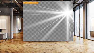 Special lens flash, light effect. The flash flashes rays and searchlight. illust.White glowing light. Beautiful star Light from the rays. The sun is backlit. Bright beautiful star. Sunlight. Glare. Wall mural