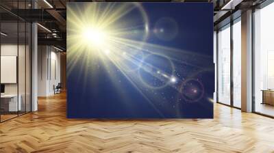 Special lens flash, light effect. The flash flashes rays and searchlight. illust.White glowing light. Beautiful star Light from the rays. The sun is backlit. Bright beautiful star. Sunlight. Glare. Wall mural