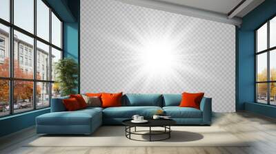 Special lens flash, light effect. The flash flashes rays and searchlight. illust.White glowing light. Beautiful star Light from the rays. The sun is backlit. Bright beautiful star. Sunlight. Glare. Wall mural