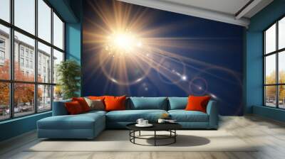 Special lens flash, light effect. The flash flashes rays and searchlight. illust.White glowing light. Beautiful star Light from the rays. The sun is backlit. Bright beautiful star. Sunlight. Glare.	
 Wall mural