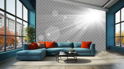 Special lens flash, light effect. The flash flashes rays and searchlight. illust.White glowing light. Beautiful star Light from the rays. The sun is backlit. Bright beautiful star. Sunlight. Glare. Wall mural