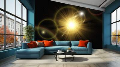 Special lens flash, light effect. The flash flashes rays and searchlight. illust.White glowing light. Beautiful star Light from the rays. The sun is backlit. Bright beautiful star. Sunlight.	
 Wall mural