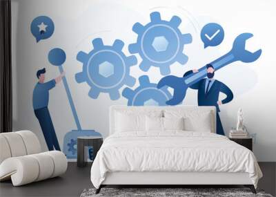 Technical support and repair. Business people with tools. Worker moves lever. Happy workers or support staff people fix mechanism with gears. Wall mural