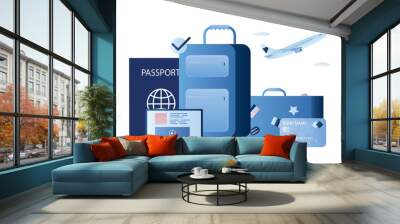 Travel accessories. Blue luggage, laptop, passport and take off airplane Wall mural