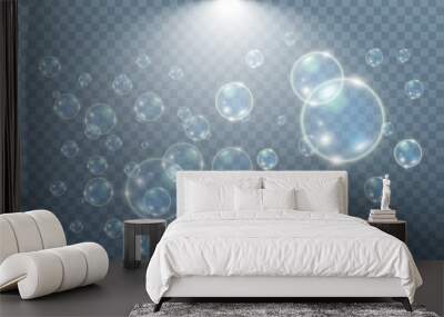 White beautiful bubbles on a transparent background vector illustration. Soap bubbles. Wall mural