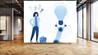 Woman thinking about searching answers and problems solving. Robot hand and give idea light bulb, ai chat bot, chatbot answering. Technologies helping with pitching ideas Wall mural