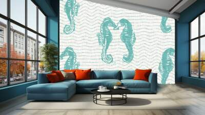 Aegean teal seahorse linen nautical texture background. Summer coastal living style swatches. Under the sea life  swimming sea horse material.  2 tone blue dyed textile seamless pattern. Wall mural