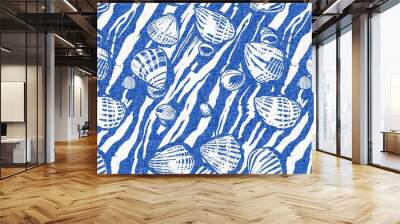 Azure blue white shell motif with linen seamless batik border background. Modern coastal beach cottage rustic shell block print home decor pattern design in sealife beach banner style.  Wall mural