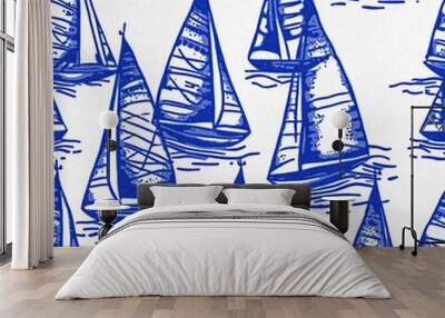 Coastal sail boat in azure ocean blue seamless background, Modern sailing race boat block print for decorative coast interior furnishing fabric . Rustic linen beach cottage trend tile.  Wall mural