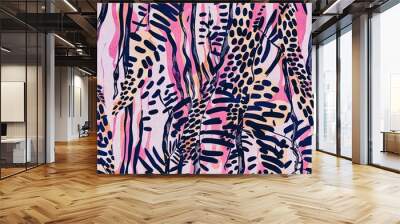 Fun girly camouflage pattern in vibrant stripes and spotted seamless design . Modern skin texture patched effect for festival and beach wear style in repeat . Wall mural