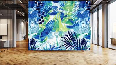 Tropical modern coastal pattern clash fabric coral reef border print for summer beach textile designs with a linen cotton effect. Seamless trendy underwater kelp and seaweed ribbon edge background Wall mural