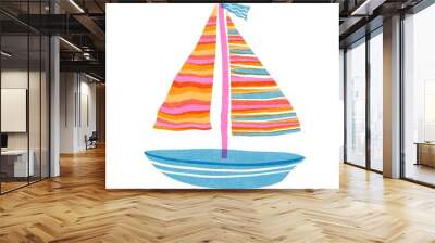 Whimsical sailboat riso print beach design element. Colorful cute screen  print effect. Playful summer sailing beach illustration art icon. High resolution travel motif isolated on white. Wall mural