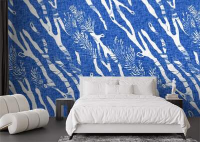 Whimsical seaweed kelp coastal electric blue beach pattern. Batik screen block print cloth effect. Playful kelp coral tropical summer background. Modern scandi underwater plant seamless design. Wall mural