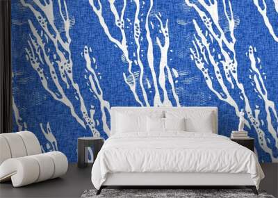 Whimsical seaweed kelp coastal electric blue beach pattern. Batik screen block print cloth effect. Playful kelp coral tropical summer background. Modern scandi underwater plant seamless design. Wall mural