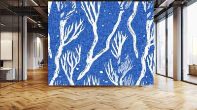 Whimsical seaweed kelp coastal electric blue beach pattern. Batik screen block print cloth effect. Playful kelp coral tropical summer background. Modern scandi underwater plant seamless design. Wall mural