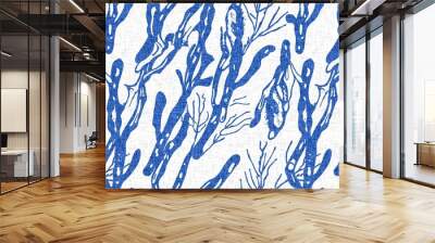 Whimsical seaweed kelp coastal electric blue beach pattern. Batik screen block print cloth effect. Playful kelp coral tropical summer background. Modern scandi underwater plant seamless design. Wall mural