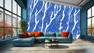 Whimsical seaweed kelp coastal electric blue beach pattern. Batik screen block print cloth effect. Playful kelp coral tropical summer background. Modern scandi underwater plant seamless design. Wall mural