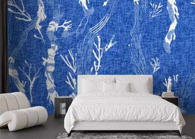 Whimsical seaweed kelp coastal electric blue beach pattern. Batik screen block print cloth effect. Playful tropical summervacation background. Modern scandi underwater plant seamless design. Wall mural