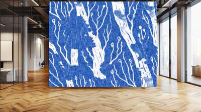 Whimsical seaweed kelp coastal electric blue beach pattern. Batik screen block print cloth effect. Playful tropical summervacation background. Modern scandi underwater plant seamless design. Wall mural