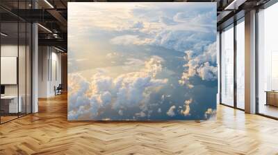 White clouds and blue sky at sunrise, view from above air plane window. Wall mural