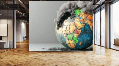 A burning globe symbolizes the environmental crisis, depicting the urgent threat of climate change and pollution impacting our planet's future. Wall mural