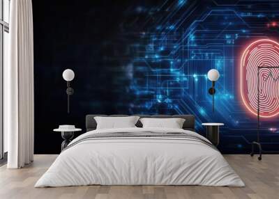 Digital fingerprint in neon lights on a dark background, cyber security, personal data Wall mural