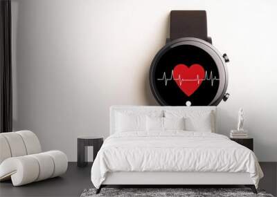 Minimalist smartwatch showing heart rate, flat design on a blank background Wall mural