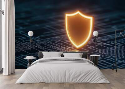 Security protection concept featuring a futuristic shield icon glowing on a grid of interconnected circuits, dark backdrop Wall mural