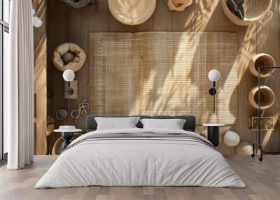 Top view of a cozy, sunlit wooden floor with various baskets, pillows, and natural materials arranged around a woven rug. Wall mural