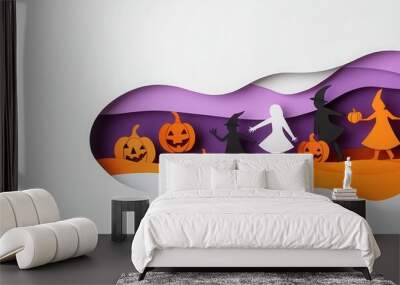 Trick-or-treaters in costumes walking through a pumpkin-filled path in a layered paper cut design, in orange, purple, white, and black Wall mural