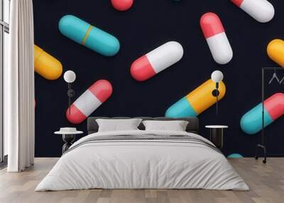 Vibrant 3D pills in varying sizes and shapes forming a seamless pattern, bright colors on a dark background, 3D pill, seamless pattern, modern pharmaceutical design Wall mural