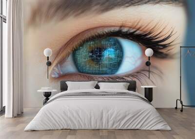 Woman's eye reflecting a complex security network, illustrating modern digital protection Wall mural