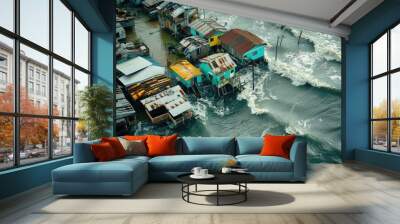 A coastline transformed by sea level rise and coastal erosion, with buildings and infrastructure gradually succumbing to the encroaching waters Wall mural