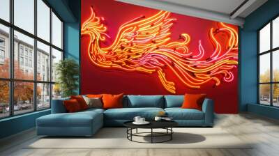 A neon sign of a mystical phoenix rising from flames, its feathers aflame in shades of orange and gold against a deep crimson backdrop. Wall mural