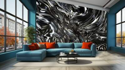 Swirling silver metallic liquid forming intricate patterns against a black backdrop. Wall mural