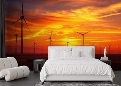 Wind turbines standing tall against a dramatic sunset, symbolizing the shift towards renewable energy. Wall mural