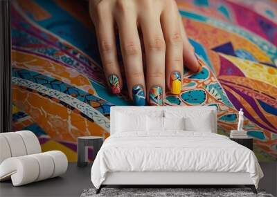 A playful and whimsical depiction of a hand with a trendy nail design, featuring vibrant colors and abstract patterns, rendered in a stylized and artistic manner.

 Wall mural