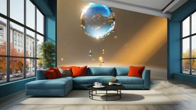 A single, shimmering raindrop suspended in midair, its transparent body reflecting the light of the sun. Wall mural