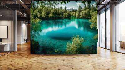 A beautiful view of a clear blue lake surrounded by green trees captured with a medium format camera using a 50mm lens f/8 aperture and natural style  Generative AI Wall mural