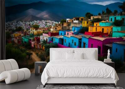 A colorful village in the hills of Oaxaca Mexico photographed with a Sony A6600 16mm lens f/5.6 vibrant  Generative AI Wall mural