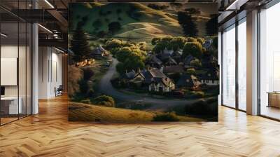 A picturesque village nestled among rolling hills captured with a Canon EOS 5D Mark IV 50mm lens f/8 vibrant standard lens  Generative AI Wall mural