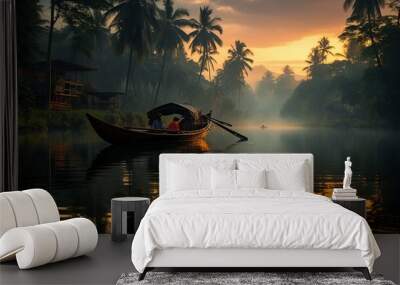 kerala backwaters view with boat, landscape Wall mural