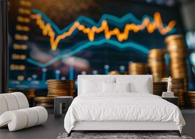 Stack of coins with graph chart growth up, Business marketing Wall mural