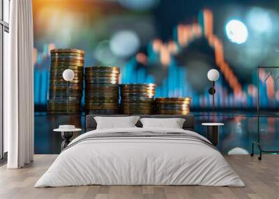 Stack of coins with graph chart growth up, Business marketing Wall mural