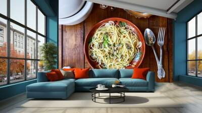 Mushroom spaghetti pasta whit basil and parsley sauce  Wall mural