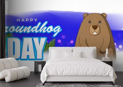 Vector illustration concept of Happy Groundhog Day greeting with cute groundhog coming out from snow covered ground. 2 February. Wall mural