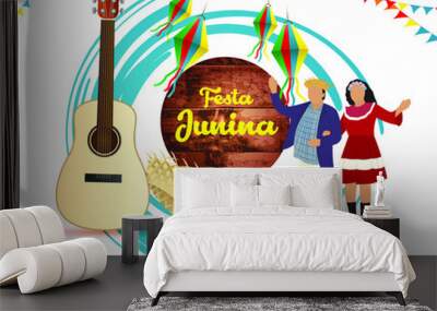 vector illustration foe Festa Junina, Brazil june festival  with party flags on wooden texture background-paper cut effect  Wall mural