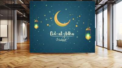 vector illustration of greeting for Eid Mubarak text means Eid Mubarak, golden shiny moon, concept for festive background  Wall mural