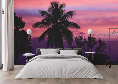 Tropical Caribbean Summer Purple Sunset with Palm Tree Wall mural